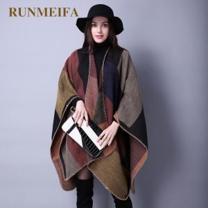 201 New Fashion Winter Warm Plaid Ponchos And Capes For Women Oversized Shawls Wraps Cashmere Pashmina Female Bufanda Mujer