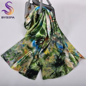[BYSIFA]  Green Blue Ladies Satin Long Silk Scarf Shawl New Fashion Brand Scarves Printed Spring Fall Female Head Scarf 160*70cm