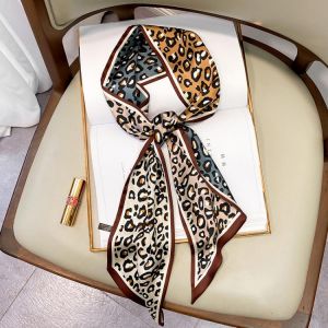 Designer Small Silk Square Scarf Women Narrow Long Leopard Striped Print Handkerchief Lady Head Hair Band Scarfs Kerchief Female