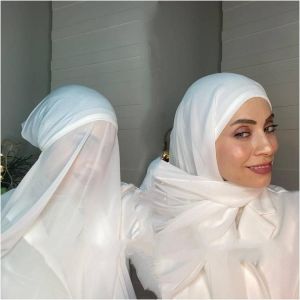 Muslim Women Bonnet with Chiffon Shawl Head Scarf Underscarf Cap Islam Inner Scarf Headband Stretch Hijab Cover Headwrap