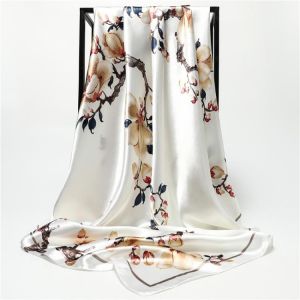 Fashion Silk Scarf Women Summer Head Scarf Green Floral Print Handkerchief Shawls and Wraps Hijab Female 90*90cm Neck Scarves