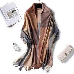 New Plaid Imitation Cashmere Long Scarf for Women Winter Thick Warmth Shawl Fashion Tassel Bandanas Head Scarf