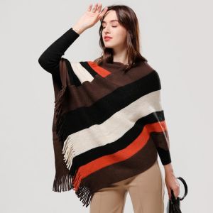 Fashion Knitted Long Tassel Cloak Women Splicing Striped Warm Shawl Scarf  Winter Pullover Hijab Scarf Bandana