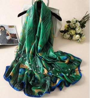 [Peacesky]New Fashion Designer Silk Scarfs Women Luxury Brand Print Peacock Feathers Silk Foulard Scarf