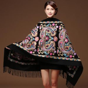 Women Black Embroider Flower Pashmina Cashmere Scarf Winter Warm Fine Tassels Scarf Oversize Shawl Fashion Shawl Scarves