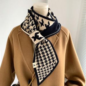 Ladies Fashion Houndstooth Narrow Small Neckerchief Knitted Winter Warm Long Scarf