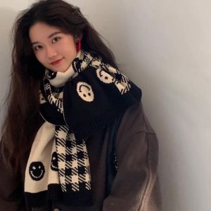 Wool Knitted Scarf Double-sided Smiley Face Scarf Women's Winter Scarf White and Black Foulard Shawl for Female