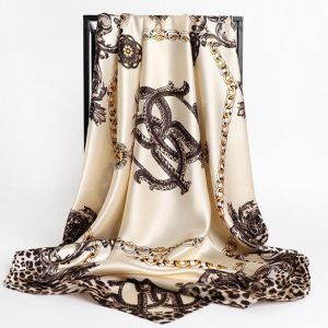 Large Hijab Scarves For Women Fashion Print Silk Satin Scarf Female 90cmx90cm Luxury Brand Square Shawls Head Scarfs For Ladies
