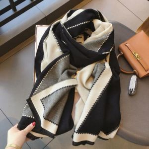 Ladies Double-Sided Cashmere Scarf, Winter Warm Shawl, Rectangular Stitching Pattern Wool Scarf, 200 X 75 CM