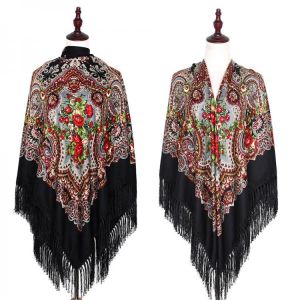 160*160cm Russian Fringed Square Scarf For Women Retro Floral Pattern National Scarves Hijab Head Wraps Beach Travel Shawl