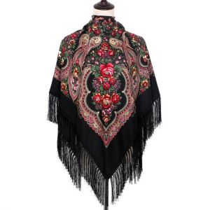 Ethnic Twill Cotton Tassel Square Scarf Muslim Baotou Autumn and Winter Retro Shawl Printed Tourist Women's Scarf