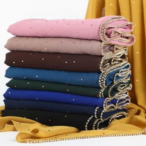HUISHI Scarf Women Hijab Plain Pearl Chiffon Scarf Wraps Printe Solid Inlaid Diamond Shawl Spring Summer Headband Muslim Hijabs