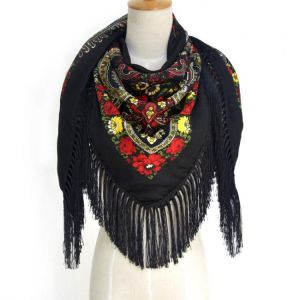 Russian Large Tassel Scarf Autumn and Winter Warm National Style Shawl Women's Printed Flower Square Scarf