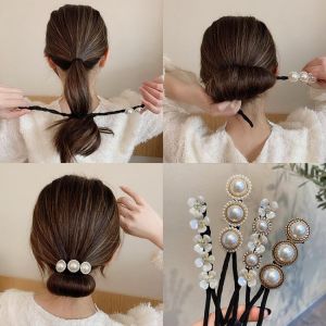 Elegant Fashion Flower Pearl Hairpin Bun Maker Twist Headband Lazy Hair Accessories Women Hairstyle Hair Stick Banquet For Party