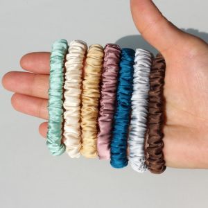 100% Pure Silk Skinnies Small Scrunchie Set Hair Bow Ties Ropes Bands Skinny Scrunchy Elastics Ponytail Holders for Women Girls