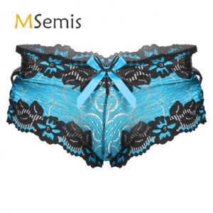Mens Sissy Lingerie Underwear Low Waist Lace Briefs Bowknot Briefs Underpants Hollow Out Nightwear Strappy Boxers Underpants