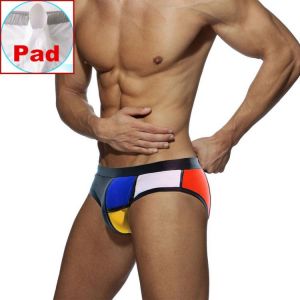 Swimwear Men Brief With Pad Low Waist Sexy Contour Pouch Bikini Swimsuit Waterproof Swimming Trunks Patchwork Gay Beach Shorts