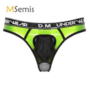 Swimwear Mens Glossy Patent Leather Patchwork Underwear Lingerie See-through Mesh Bulge Pouch Briefs Low Waist Thongs Panties