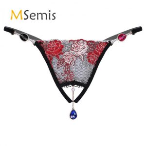 Mens Lingerie Sissy Underwear Rhinestone Pendant Flower Embroidery Thongs Panties Underpants Crotchless Open Butt T-back Briefs