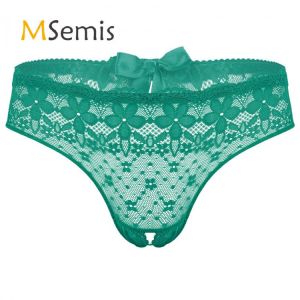 Flower Pattern Lace Crotchless Briefs Bowknot Low Rise Lingerie Undershorts Underwear See-Through Sissy Underpants for Men