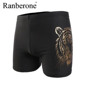 Ranberone Men Swimming Trunks Tiger Print Beach Swim Shorts Briefs Swimwear Black Pants Swimsuit Plus Size Bathing Shorts