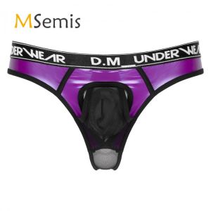 Swimwear Mens Lingerie See-through Mesh Bulge Pouch Briefs Glossy Patent Leather Patchwork Underwear Low Waist Thongs Panties
