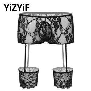 Mens Lingerie boxer underwear Sissy Panties See Through Sheer Lace Low Rise Bulge Pouch Boxers Removable Lace Leg Garters Belt