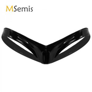 Mens Lingerie Mini Underwear Wet Look Patent No Waist Bulge Pouch Open Butt Mini Jockstrap for Nightclub Thong Briefs Underwear