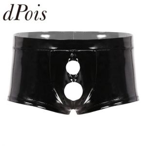 Mens Wet Look Patent Leather Low Rise Shorts Bulge Pouch with Open 2 Pennis Holes Boxer Briefs Shorts Homme Male Underwear