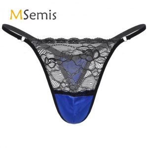 Swimwear Mens Sissy Satin Underwear Thong Lace Patchwork Panties G-string Briefs T-back Jockstrap Underpants for Lingerie Night