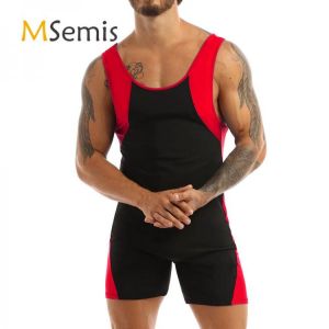 Swimwear Mens Shorty Leotard Bodysuit U Neck Sleeveless Bodybuilding Leotard Training Jumpsuit Gymnatics Sports Running Fitness