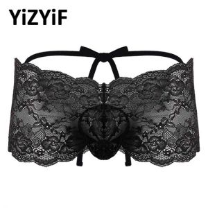 Mens Lingerie sissy panties bikini bottom men See Through Floral Lace Strappy Bulge Pouch Low Rise Sissy Bikini Briefs Underwear