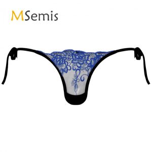 Mens Lingerie Sissy Underwear See-through Mesh Embroidered Thongs Low Waist Lace-up G-string Briefs Underpants T-back Panties