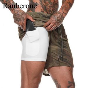 Shorts Mens 2 in 1 Short Pants Fitness Bodybuilding Workout Quick Dry Beach Shorts Male Summer Sportswear Bottoms Pockets Short