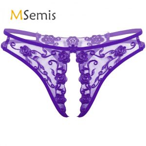 Mens Lingerie Open Crotch Underwear Flower Embroidery Crotchless Briefs Panties Low Waist See-Through Thongs Underpants