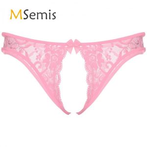 Mens Lingerie Crotchless Underwear Floral Lace T-back Briefs Hollow Out Low Waist Thong Underpants Underwear Sissy Nightwear