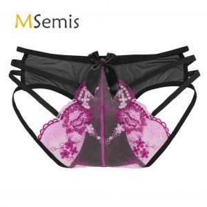 Mens Floral Sissy Lingerie Underwear Embroidery Strappy Briefs See-through Low Waist Bowknot Underpants Hollow Out Panties