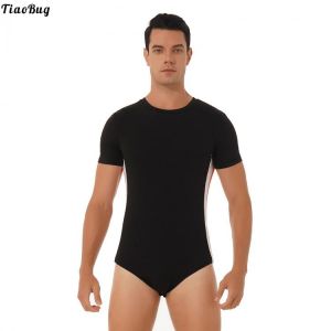 Summer Men Breathable One-Piece Running Gym Swimming Fitness Leotard Round Neck Short Sleeves Press Buttons At Crotch Bodysuit
