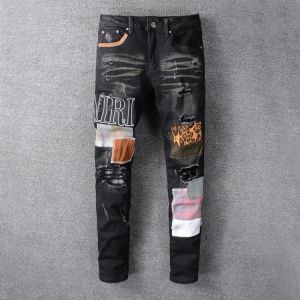 Hip Hop Jeans Men High Street Fashion Brand New Black Patch Embroidery Stretch Slim Fit Jeans Mens Summer Jeans Mens Jeans
