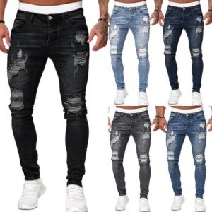 2021 Men's Jeans Ripped Skinny Hole Trousers Stretch Slim Denim Pants Large Size Hip Hop Black Blue Casual Jogging Jeans for 