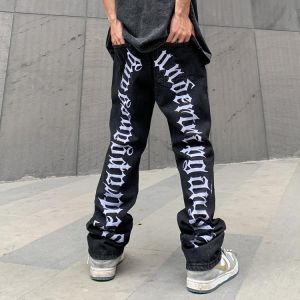 Ripped Hip Hop Hole Embroidery Jeans Men's Korean Oversize Straight Black Vibe Denim Trousers Loose Harajuku Retro Jean Pants
