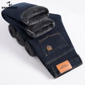 SHAN BAO 2021 Winter Brand Fit Straight Fleece Thick Warm Jeans Classic Badge Youth Men's Business Casual High waist Denim Je
