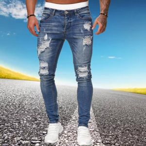 all in one place בגדי גברים Mens Ripped Skinny Jeans Blue Slim Fit Hole Pencil Pants Biker Casual Trousers Streetwear 2020 High Quality Denim Man Clothing