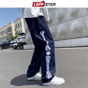 LAPPSTER Men Skeleton Baggy Casual Pants 2021 Mens Japanese Streetwear Wide Leg Denim Trousers Male Y2k Blue Vintage Denim Pants