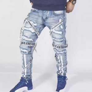 Men's jeans summer loose trousers 2021 trendy street men's collocation design autumn straight pants ripped motorcycle bo