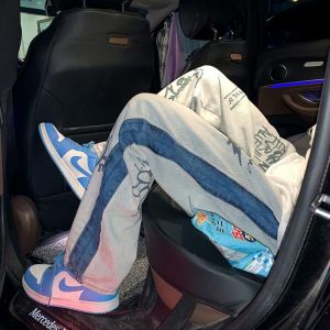 Chic fashion brand jeans men's Korean version loose and fashionable floor long pants 2021 new personalized printed straight