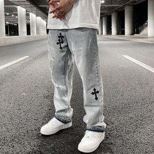 Ripped Retro Hole Cross Embroidery Casual Denim Trousers Mens High Street Washed Straight Oversize Jeans Pants