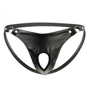 Men'S Sexy Underwear Artificial Leather Metal Ring Thong Jock Strap Underpants Jockstrap Panties Buttocks Hollow Thongs Eroti