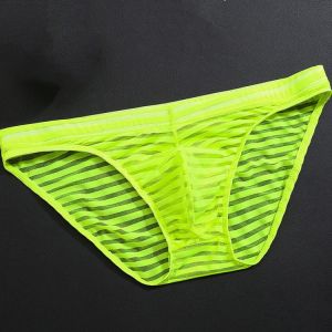 Men's Sexy See-through Ice Silk Briefs Mesh Sheer Pouch Stretchy Seamless Panties Transparent Stripes Thin Thongs Underwear
