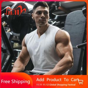 2021New Mens Sports Casual Workout Tank Top Running Gym Clothing Bodybuilding Fitness Singlets Sleeveless V-Neck Vest Shirt Men